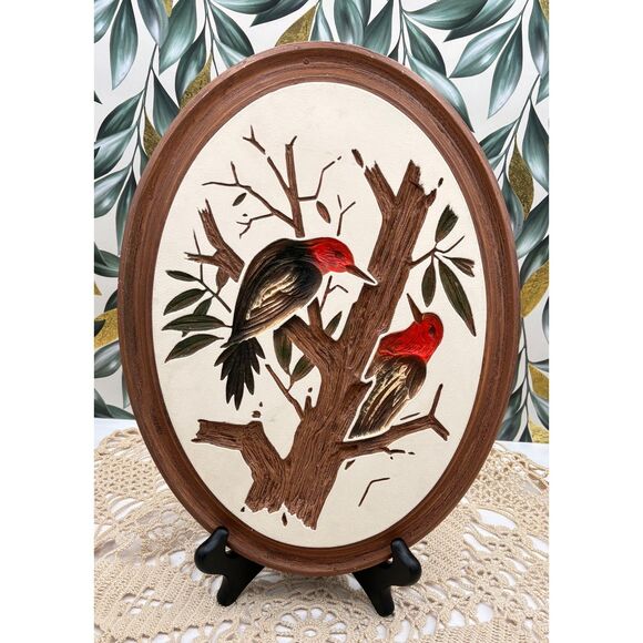 Vintage Chalkware Bird Decor Woodpecker Picture 3-D Wall Art - Picture 1 of 7